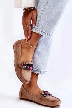 Sale Boto Damskie Zamszowe Mokasyny Z Ozdobami Beżowe Janetta