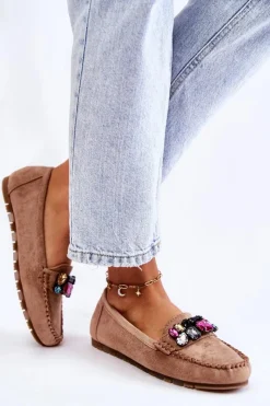 Sale Boto Damskie Zamszowe Mokasyny Z Ozdobami Beżowe Janetta