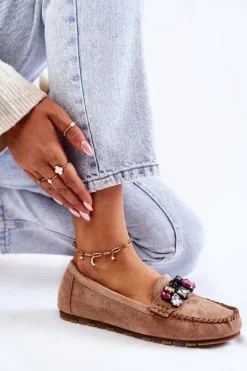 Sale Boto Damskie Zamszowe Mokasyny Z Ozdobami Beżowe Janetta