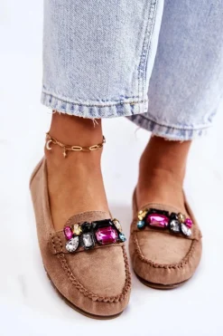 Sale Boto Damskie Zamszowe Mokasyny Z Ozdobami Beżowe Janetta