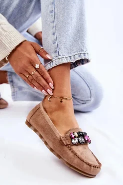 Sale Boto Damskie Zamszowe Mokasyny Z Ozdobami Beżowe Janetta