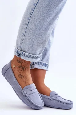 Outlet Boto Damskie Zamszowe Mokasyny Niebieskie Lenvie