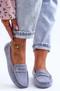 Outlet Boto Damskie Zamszowe Mokasyny Niebieskie Lenvie