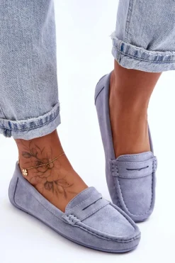 Outlet Boto Damskie Zamszowe Mokasyny Niebieskie Lenvie