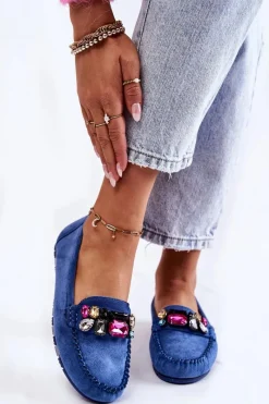 New Damskie Zamszowe Mokasyny Z Ozdobami Niebieskie Janetta Damskie Mokasyny Damskie Zamszowe