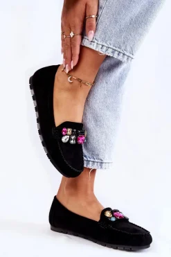 Discount Damskie Zamszowe Mokasyny Z Ozdobami Czarne Janetta Damskie Mokasyny Damskie Zamszowe