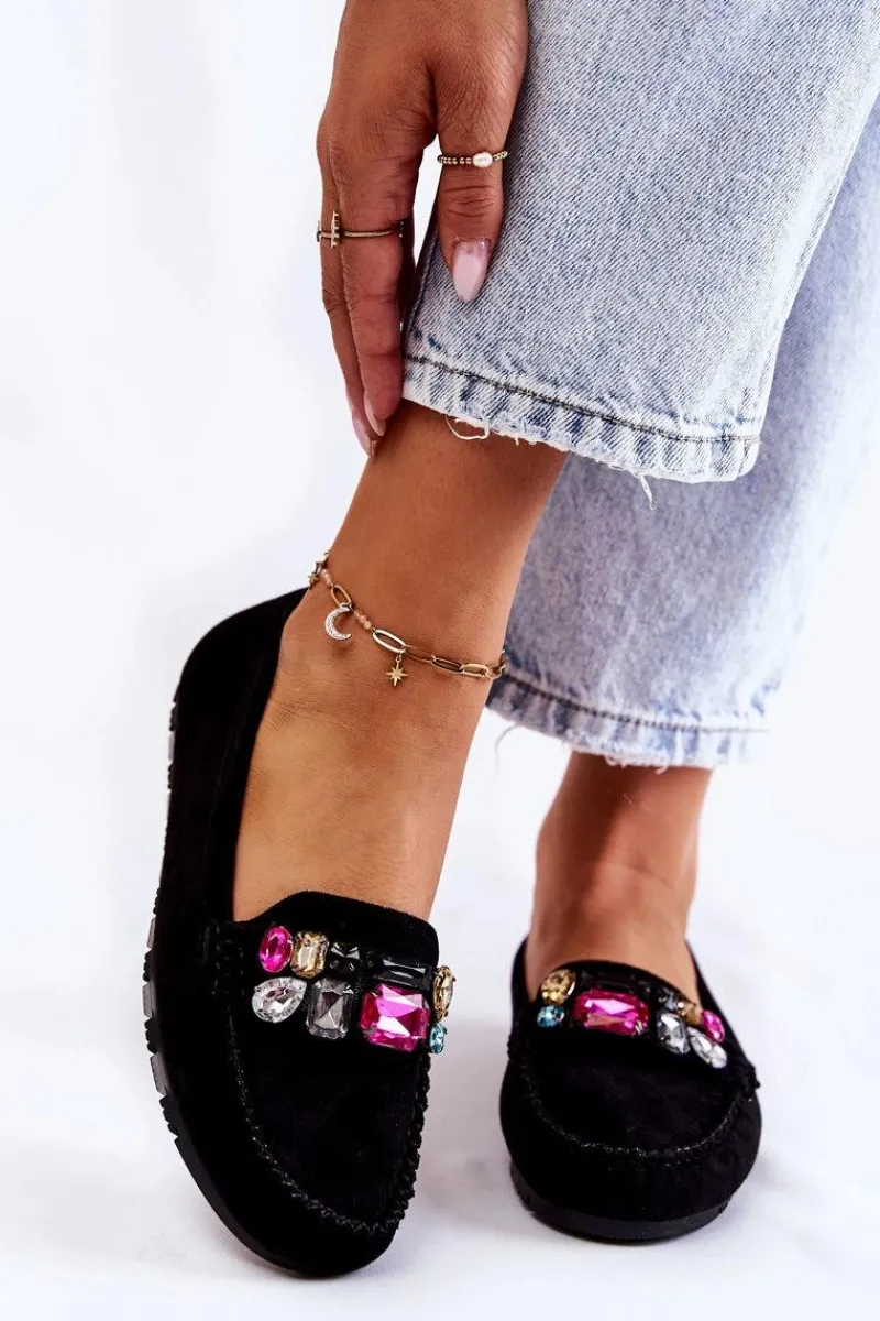Discount Damskie Zamszowe Mokasyny Z Ozdobami Czarne Janetta Damskie Mokasyny Damskie Zamszowe