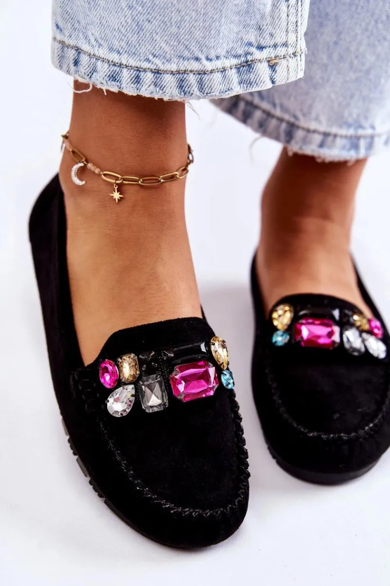 Discount Damskie Zamszowe Mokasyny Z Ozdobami Czarne Janetta Damskie Mokasyny Damskie Zamszowe