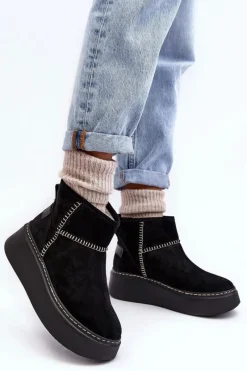 Sale Damskie Zamszowe Śniegowce 06257-01 Czarne Damskie Śniegowce Damskie