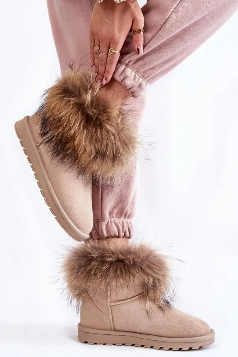 Śniegowce Damskie>Boto Damskie Zamszowe Śniegowce Z Futerkiem Jasnobeżowe Alexa