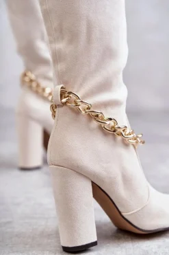 New Boto Damskie Zamszowe Ocieplane Kozaki Z Łańcuchem Jasnobeżowe Jasmin