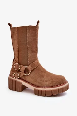 New Damskie Zamszowe Ocieplane Botki Workery Camel Brinnon Damskie Botki Zimowe Damskie|Brązowe I Beżowe Botki