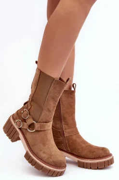 New Damskie Zamszowe Ocieplane Botki Workery Camel Brinnon Damskie Botki Zimowe Damskie|Brązowe I Beżowe Botki