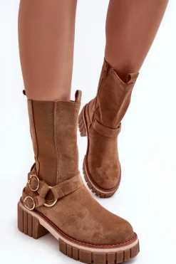 New Damskie Zamszowe Ocieplane Botki Workery Camel Brinnon Damskie Botki Zimowe Damskie|Brązowe I Beżowe Botki