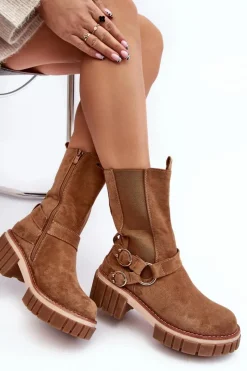 New Damskie Zamszowe Ocieplane Botki Workery Camel Brinnon Damskie Botki Zimowe Damskie|Brązowe I Beżowe Botki