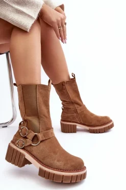 New Damskie Zamszowe Ocieplane Botki Workery Camel Brinnon Damskie Botki Zimowe Damskie|Brązowe I Beżowe Botki