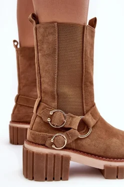 New Damskie Zamszowe Ocieplane Botki Workery Camel Brinnon Damskie Botki Zimowe Damskie|Brązowe I Beżowe Botki