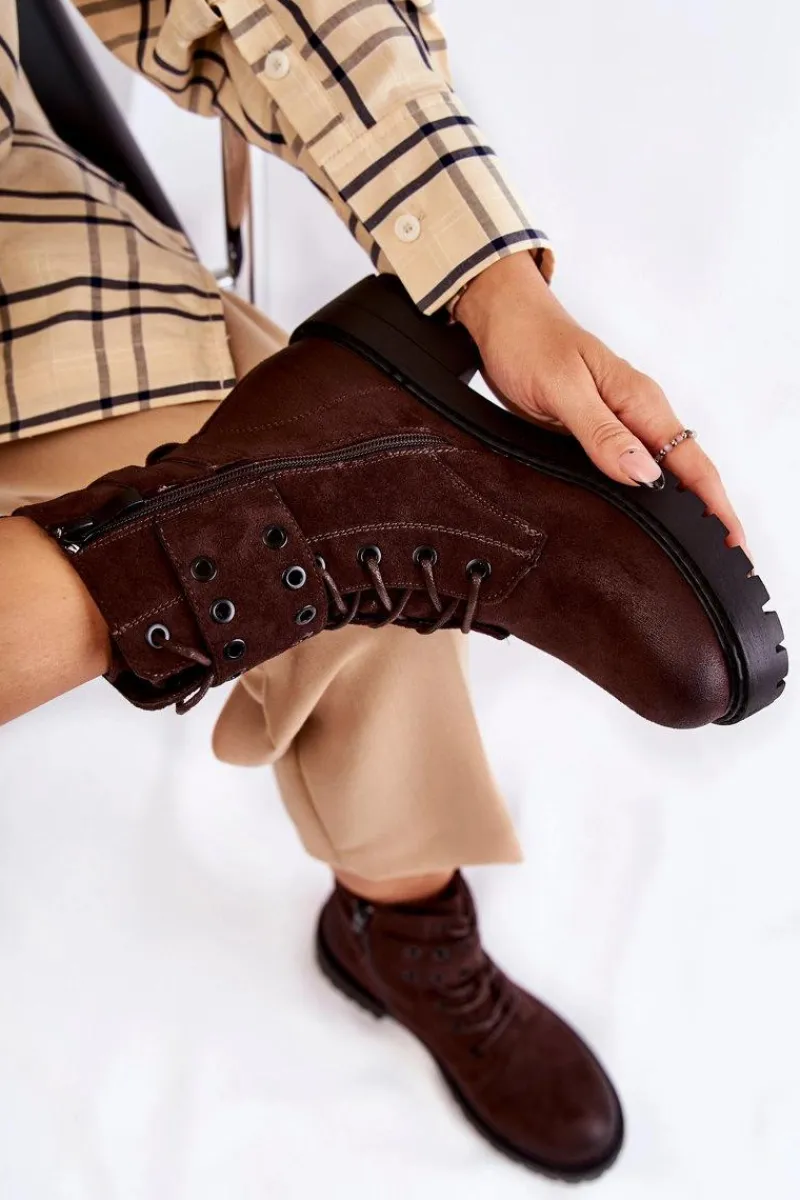 Botki Ocieplane|Botki Sznurowane>Boto Damskie Zamszowe Ocieplane Botki Brązowe Silvor Brązowy