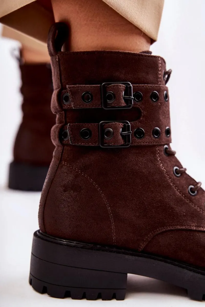 Botki Ocieplane|Botki Sznurowane>Boto Damskie Zamszowe Ocieplane Botki Brązowe Silvor Brązowy