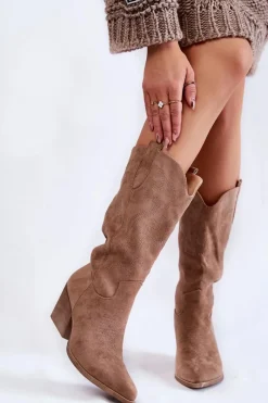 Sale Damskie Zamszowe Ocieplane Kozaki Kowbojki Beżowe Caterina Damskie Kozaki Przed Kolano|Kozaki Na Obcasie