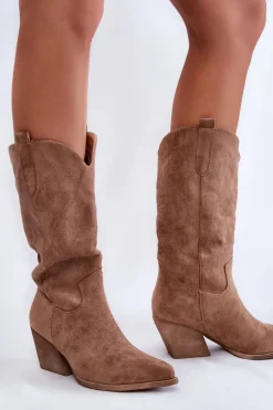 Sale Damskie Zamszowe Ocieplane Kozaki Kowbojki Beżowe Caterina Damskie Kozaki Przed Kolano|Kozaki Na Obcasie