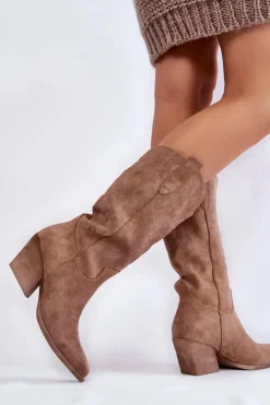 Sale Damskie Zamszowe Ocieplane Kozaki Kowbojki Beżowe Caterina Damskie Kozaki Przed Kolano|Kozaki Na Obcasie