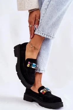 Hot Boto Damskie Zamszowe Półbuty Loafery Z Ozdobą Czarne Karlott