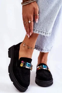 Hot Boto Damskie Zamszowe Półbuty Loafery Z Ozdobą Czarne Karlott