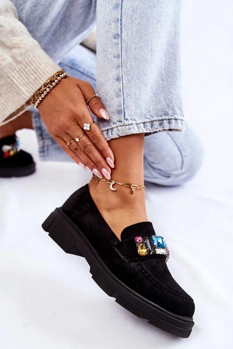 Hot Boto Damskie Zamszowe Półbuty Loafery Z Ozdobą Czarne Karlott