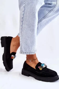 Hot Boto Damskie Zamszowe Półbuty Loafery Z Ozdobą Czarne Karlott