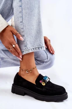 Hot Boto Damskie Zamszowe Półbuty Loafery Z Ozdobą Czarne Karlott