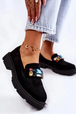 Hot Boto Damskie Zamszowe Półbuty Loafery Z Ozdobą Czarne Karlott
