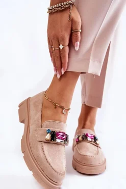 New Damskie Zamszowe Półbuty Loafery Z Ozdobą Beżowe Karlott Damskie Mokasyny Damskie Zamszowe