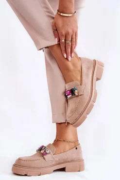 New Damskie Zamszowe Półbuty Loafery Z Ozdobą Beżowe Karlott Damskie Mokasyny Damskie Zamszowe