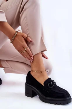 Outlet Damskie Zamszowe Półbuty Na Obcasie Czarne Sanya Damskie Mokasyny Damskie Zamszowe