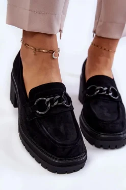 Outlet Damskie Zamszowe Półbuty Na Obcasie Czarne Sanya Damskie Mokasyny Damskie Zamszowe
