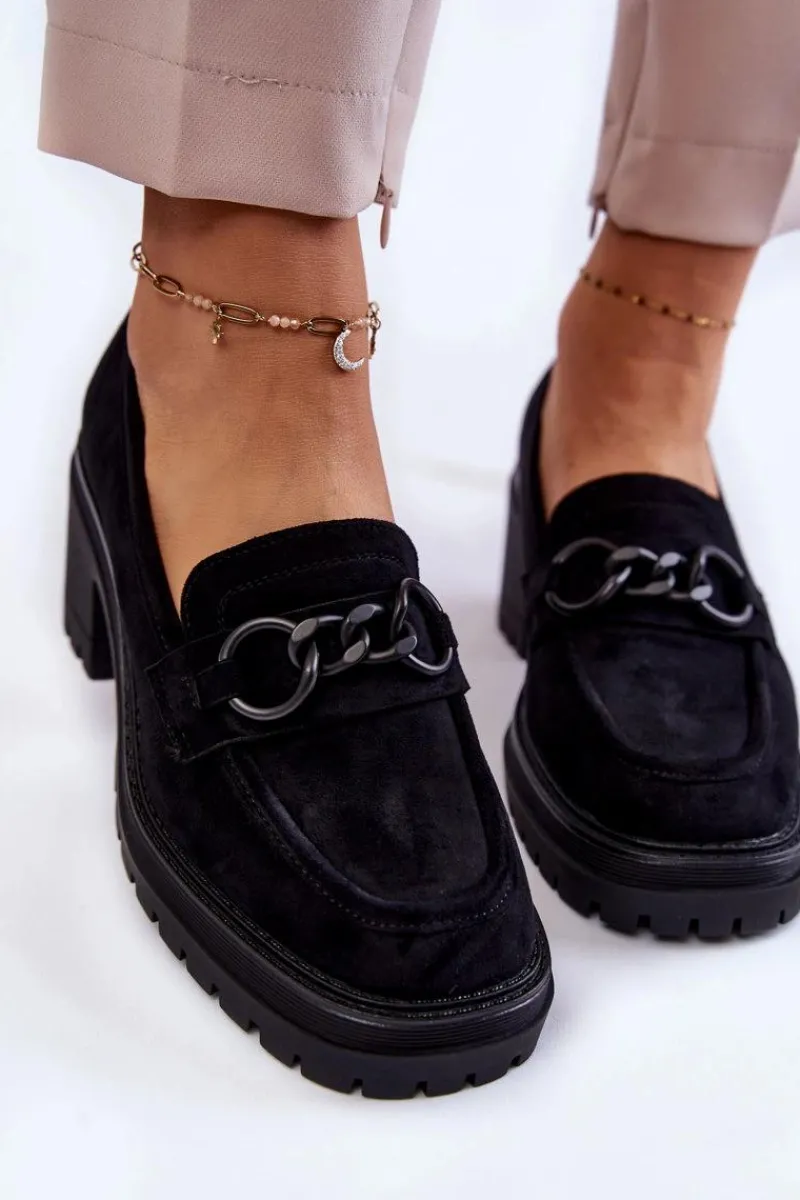Outlet Damskie Zamszowe Półbuty Na Obcasie Czarne Sanya Damskie Mokasyny Damskie Zamszowe