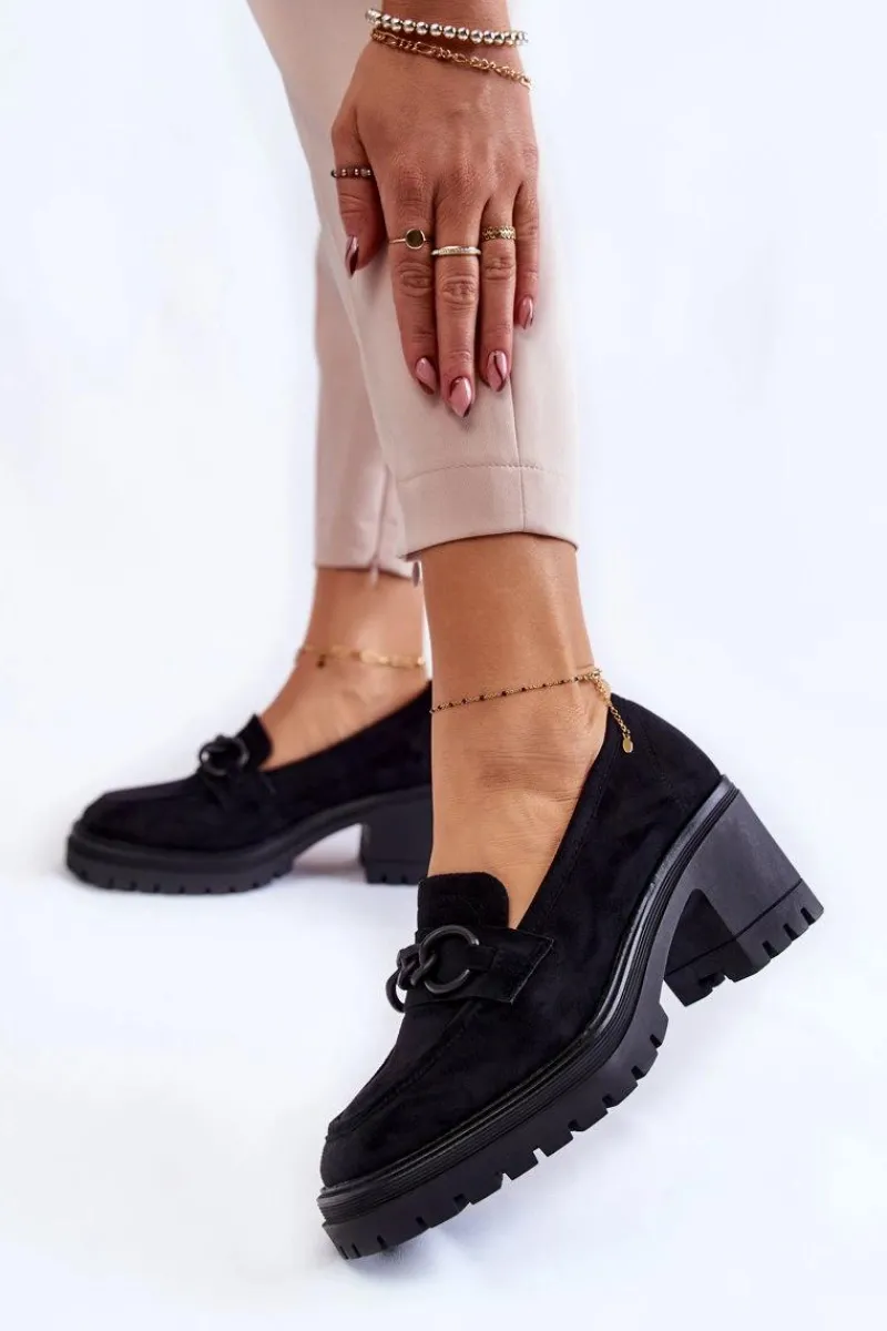 Outlet Damskie Zamszowe Półbuty Na Obcasie Czarne Sanya Damskie Mokasyny Damskie Zamszowe