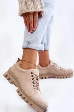 Online Damskie buty S.Barski Damskie Zamszowe Półbuty Wiązane Beżowe Mayson