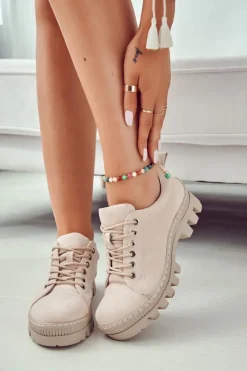 Online Damskie buty S.Barski Damskie Zamszowe Półbuty Wiązane Beżowe Mayson