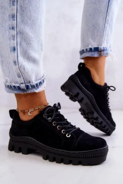 Damskie Trapery|Botki Płaskie>Damskie buty S.Barski Damskie Zamszowe Półbuty Wiązane Czarne Mayson