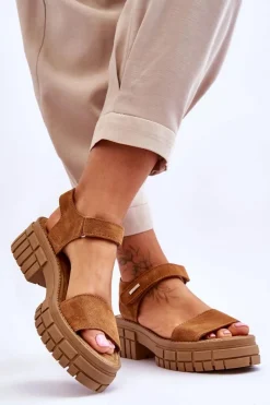 Discount Damskie Zamszowe Sandały Big Star LL276032 Camel Damskie Sandały Big Star|Sandały Płaskie