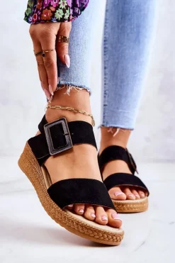 Discount Damskie Zamszowe Sandały Big Star JJ276031 Czarne Damskie Sandały Big Star|Sandały Na Koturnie