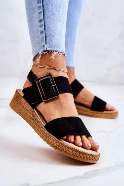 Discount Damskie Zamszowe Sandały Big Star JJ276031 Czarne Damskie Sandały Big Star|Sandały Na Koturnie