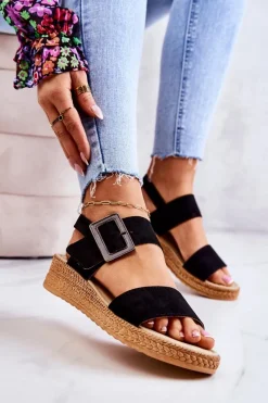 Discount Damskie Zamszowe Sandały Big Star JJ276031 Czarne Damskie Sandały Big Star|Sandały Na Koturnie