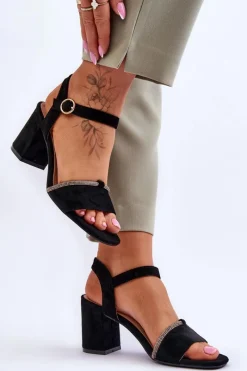 Best Damskie Zamszowe Sandały Na Niskim Słupku Czarne Loredo Damskie Sandały Na Obcasie