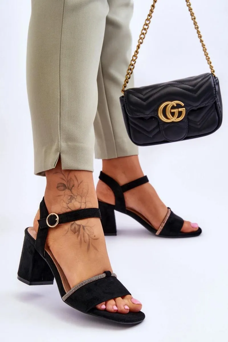 Best Damskie Zamszowe Sandały Na Niskim Słupku Czarne Loredo Damskie Sandały Na Obcasie