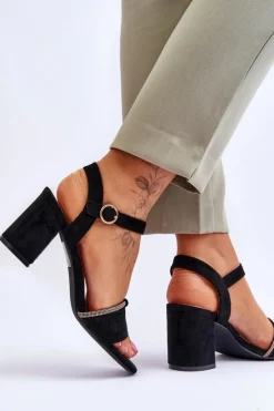 Best Damskie Zamszowe Sandały Na Niskim Słupku Czarne Loredo Damskie Sandały Na Obcasie