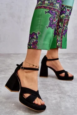 Discount Damskie Zamszowe Sandały Na Obcasie Lewski Shoes 3221 Czarne Damskie Sandały Na Obcasie