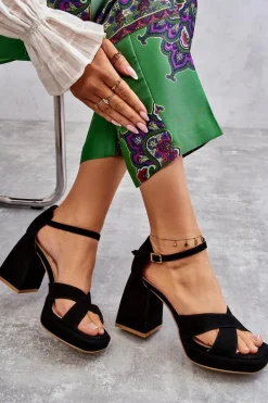 Discount Damskie Zamszowe Sandały Na Obcasie Lewski Shoes 3221 Czarne Damskie Sandały Na Obcasie